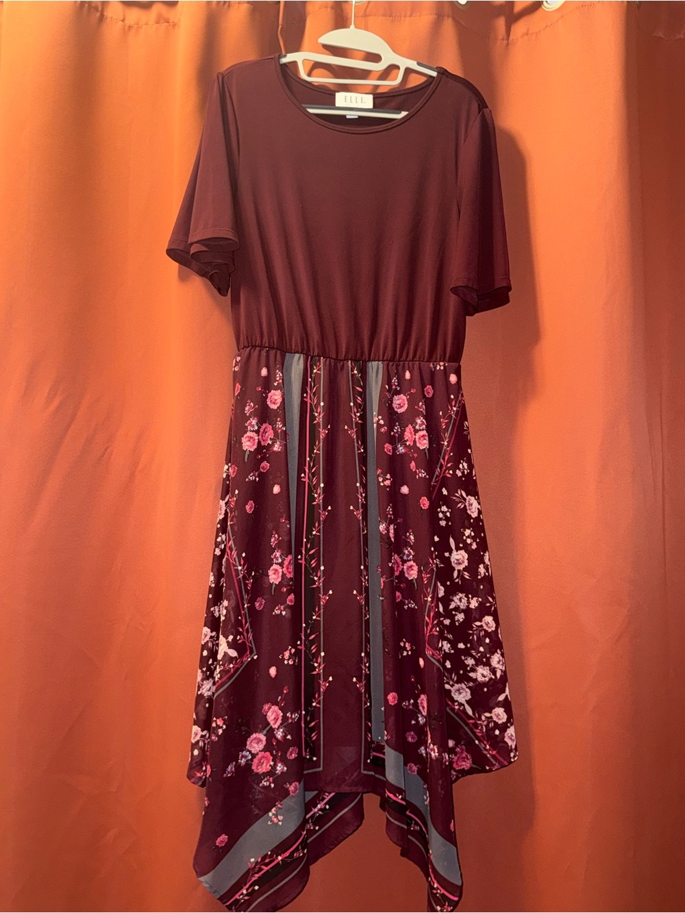 Elle Burgundy Floral Handkerchief-Hem Casual Dress with Pink Accents